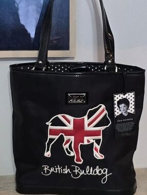 Lulu Guinness Black Tote with Union Jack Bulldog Applique